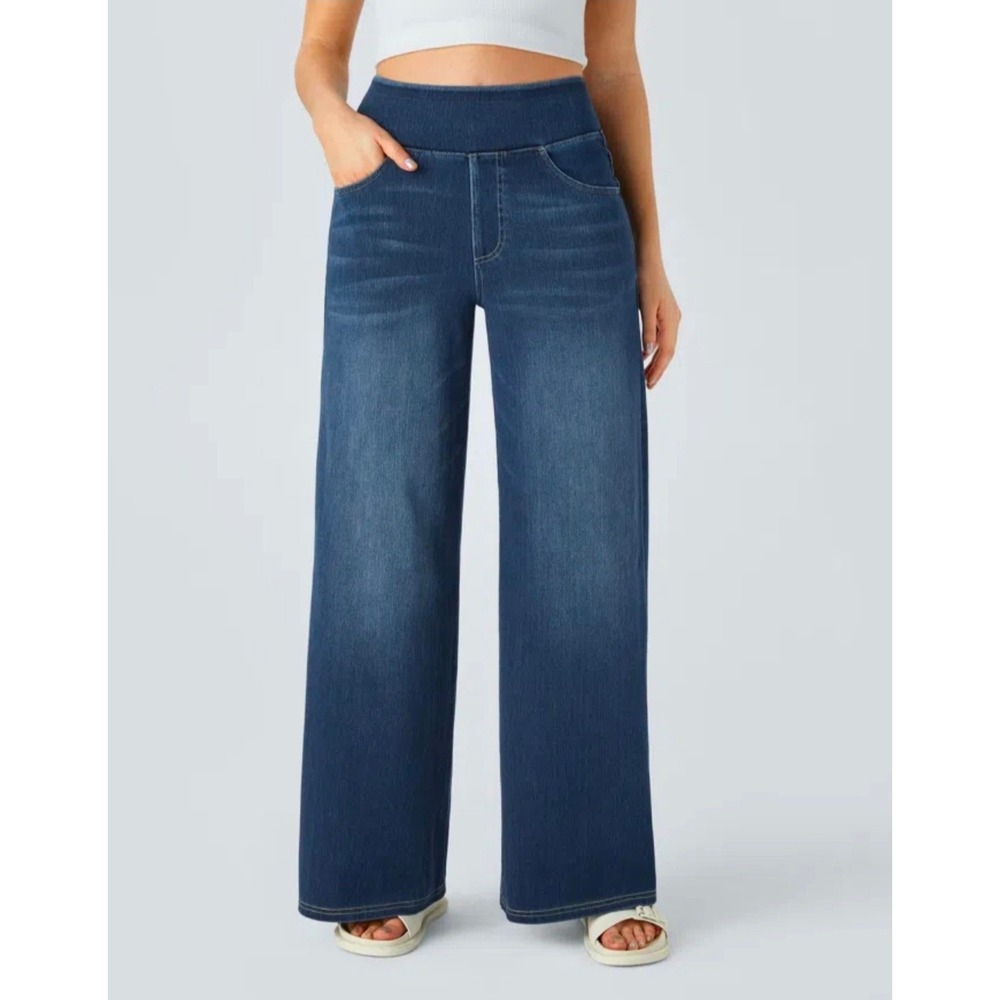 Halara Flex Denim High Waisted Pockets Baggy Wide Leg Washed Casual Jeans Large